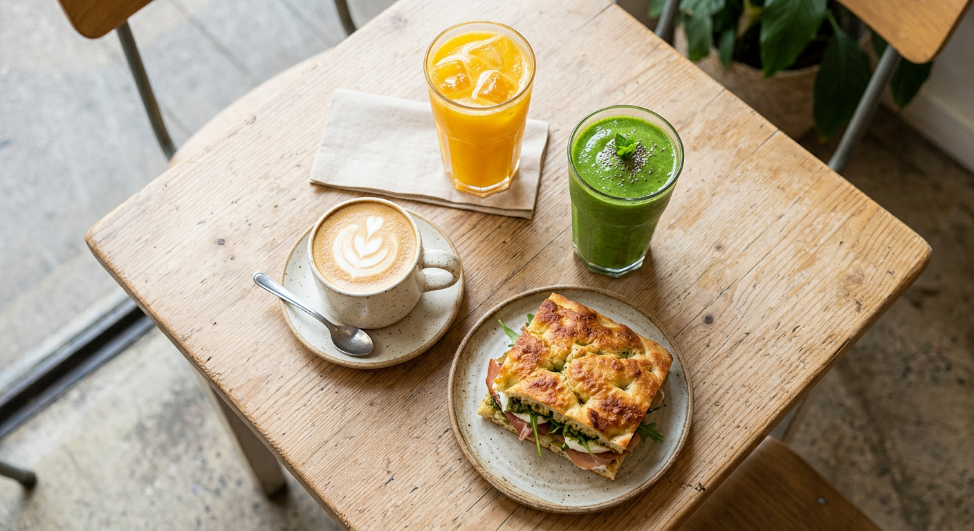 Flat white coffee, orange juice and a green smoothie on a light wooden cafe table