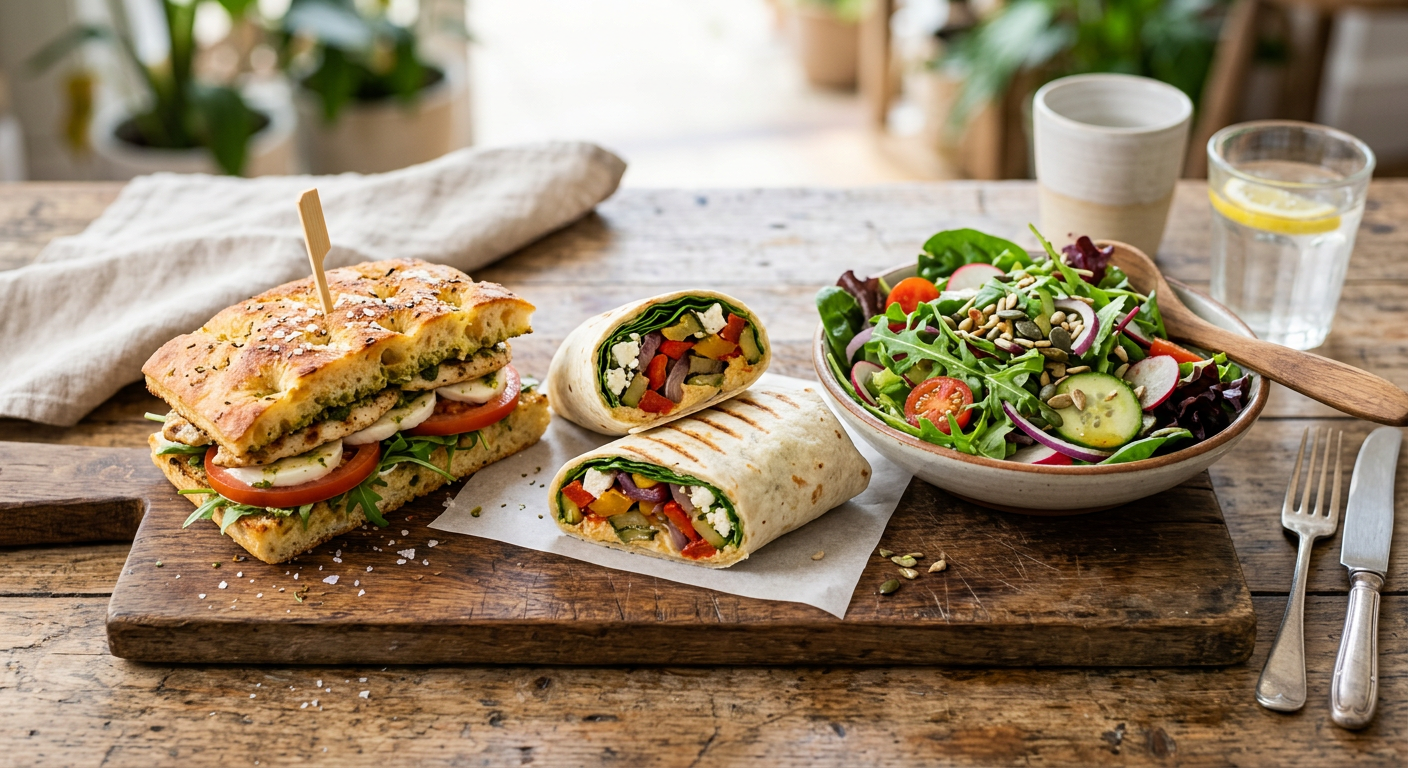 Toasted focaccia sandwich, a halved wrap and a fresh salad on a wooden board