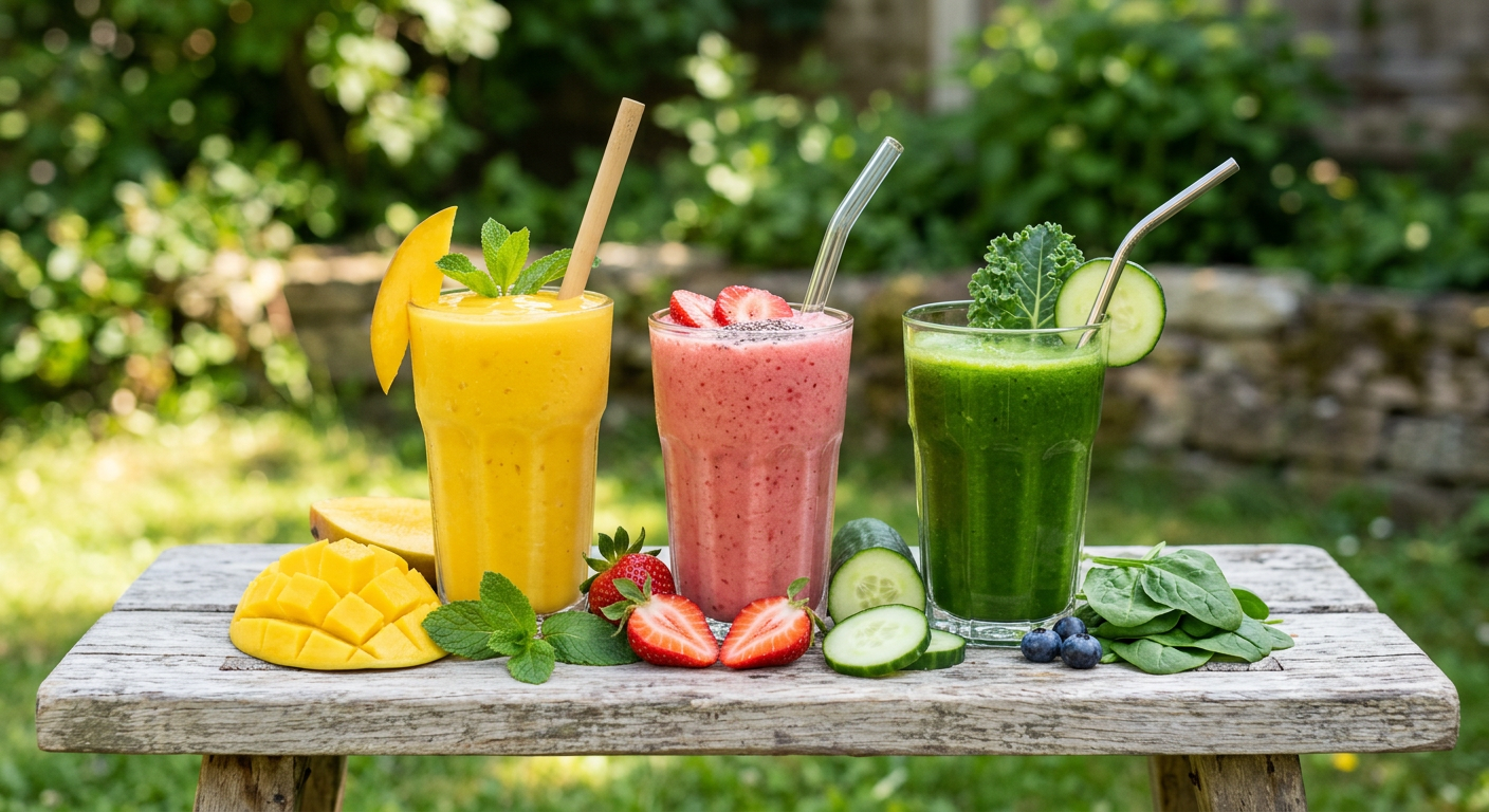 Glasses of fresh yellow, pink and green smoothies surrounded by sliced fruit